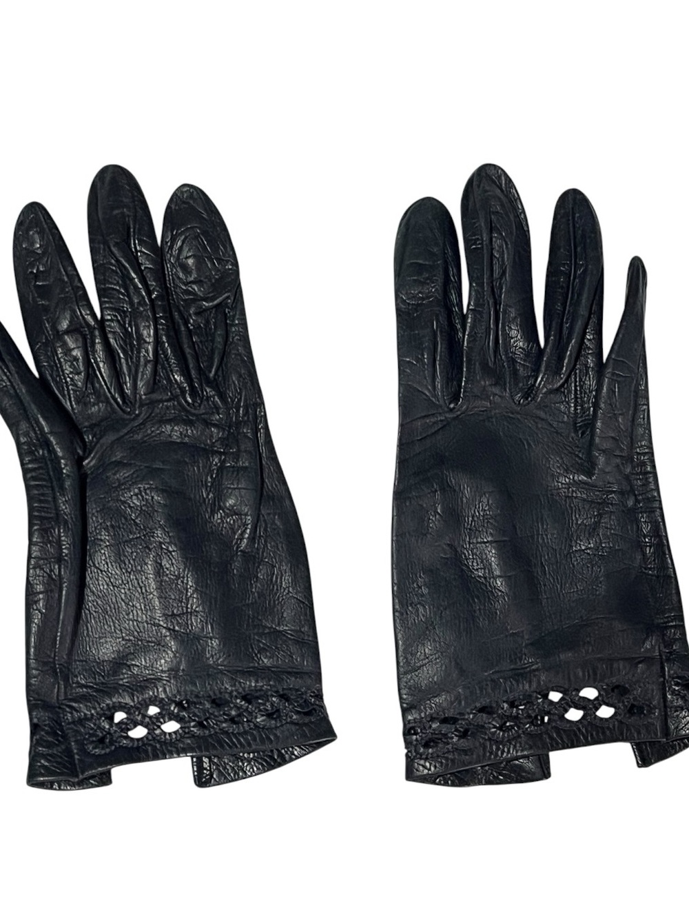 Vintage Black Women's Leather Gloves with Decorative Eyelet Cutout